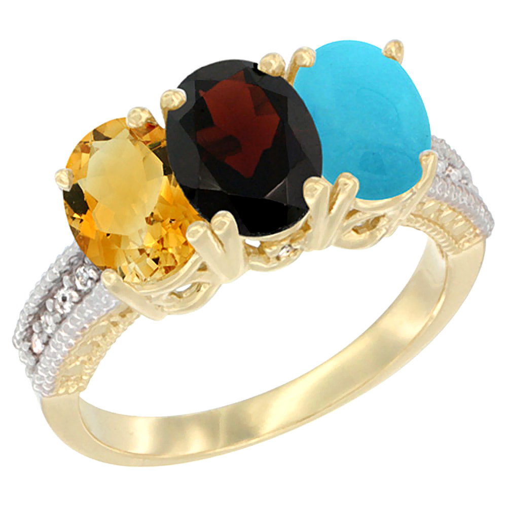 14K Yellow Gold Natural Citrine, Garnet & Turquoise Ring 3-Stone 7x5 mm Oval Diamond Accent, sizes 5 - 10