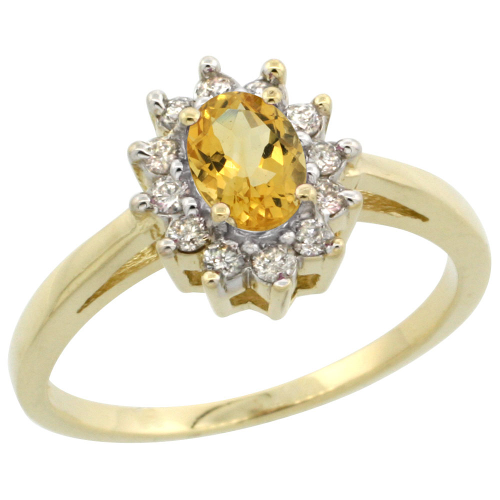 10K Yellow Gold Natural Citrine Flower Diamond Halo Ring Oval 6x4 mm, sizes 5-10