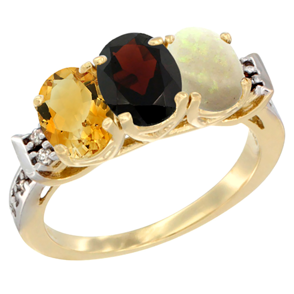 14K Yellow Gold Natural Citrine, Garnet & Opal Ring 3-Stone 7x5 mm Oval Diamond Accent, sizes 5 - 10