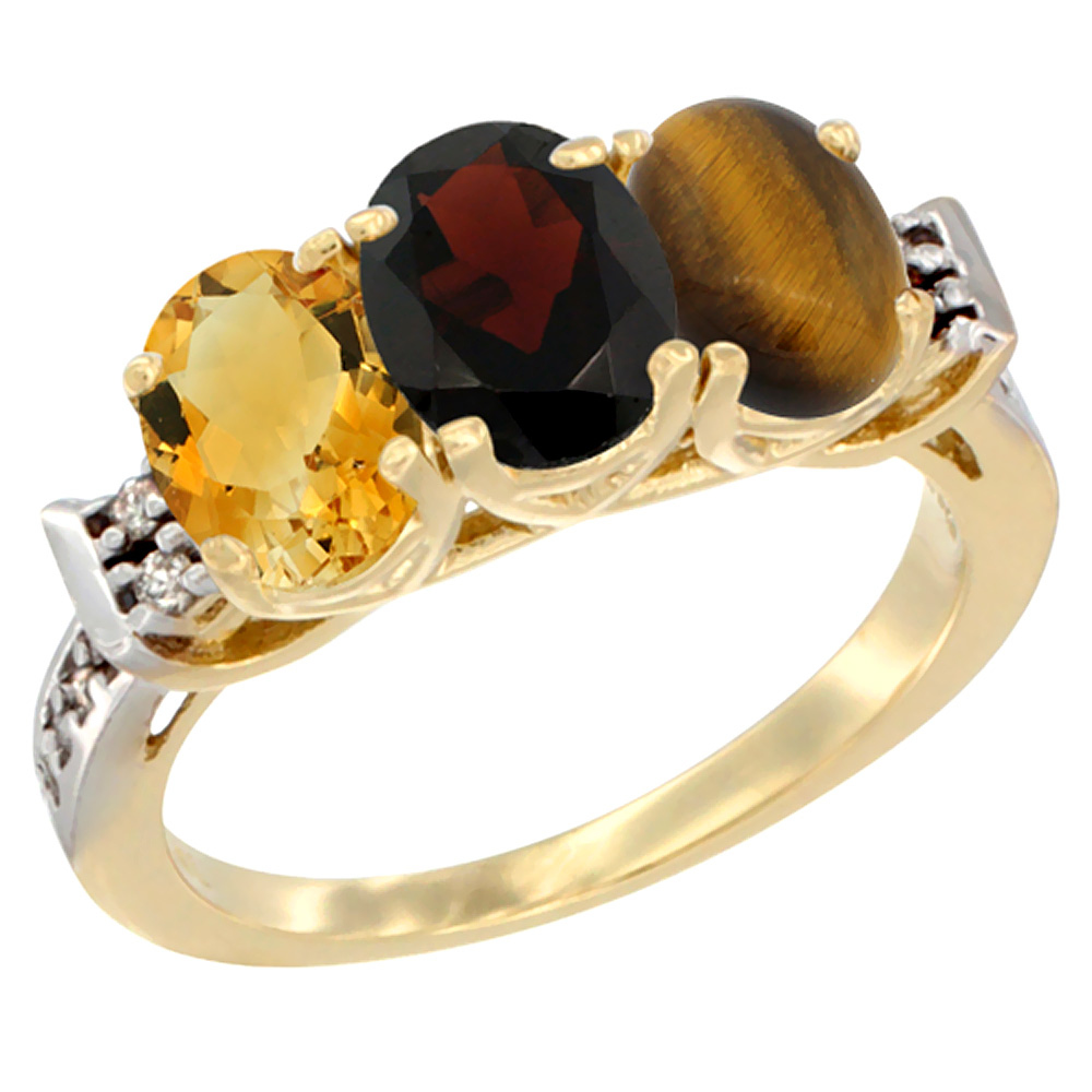 14K Yellow Gold Natural Citrine, Garnet & Tiger Eye Ring 3-Stone 7x5 mm Oval Diamond Accent, sizes 5 - 10