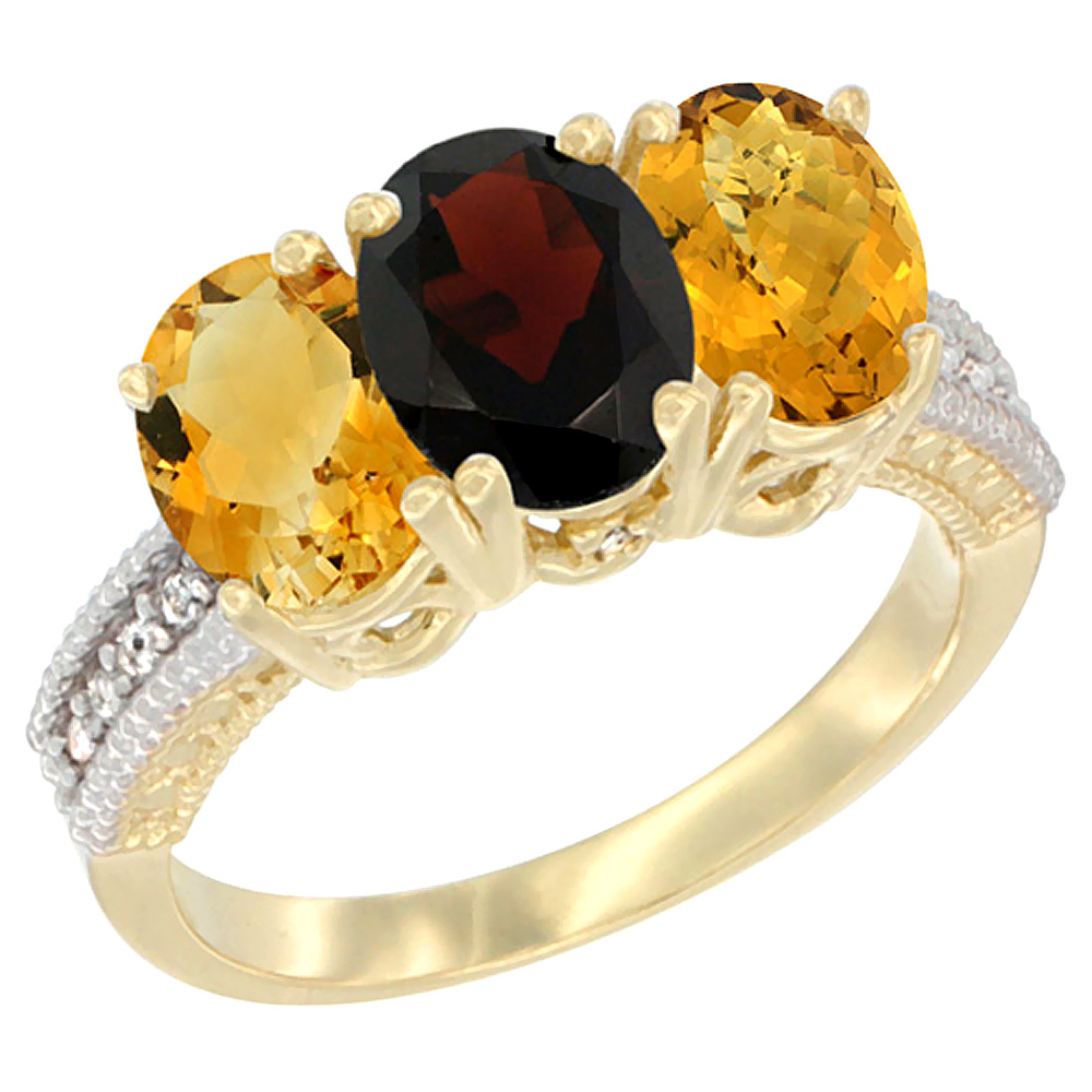 14K Yellow Gold Natural Citrine, Garnet & Whisky Quartz Ring 3-Stone 7x5 mm Oval Diamond Accent, sizes 5 - 10