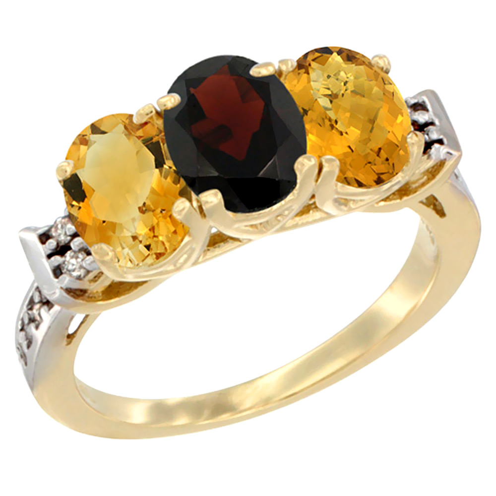 14K Yellow Gold Natural Citrine, Garnet & Whisky Quartz Ring 3-Stone 7x5 mm Oval Diamond Accent, sizes 5 - 10