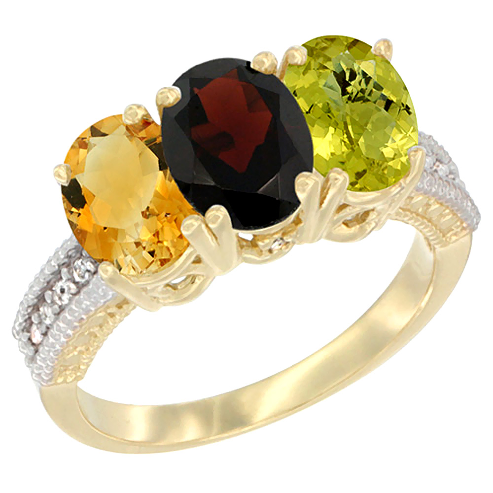 10K Yellow Gold Diamond Natural Citrine, Garnet & Lemon Quartz Ring 3-Stone 7x5 mm Oval, sizes 5 - 10