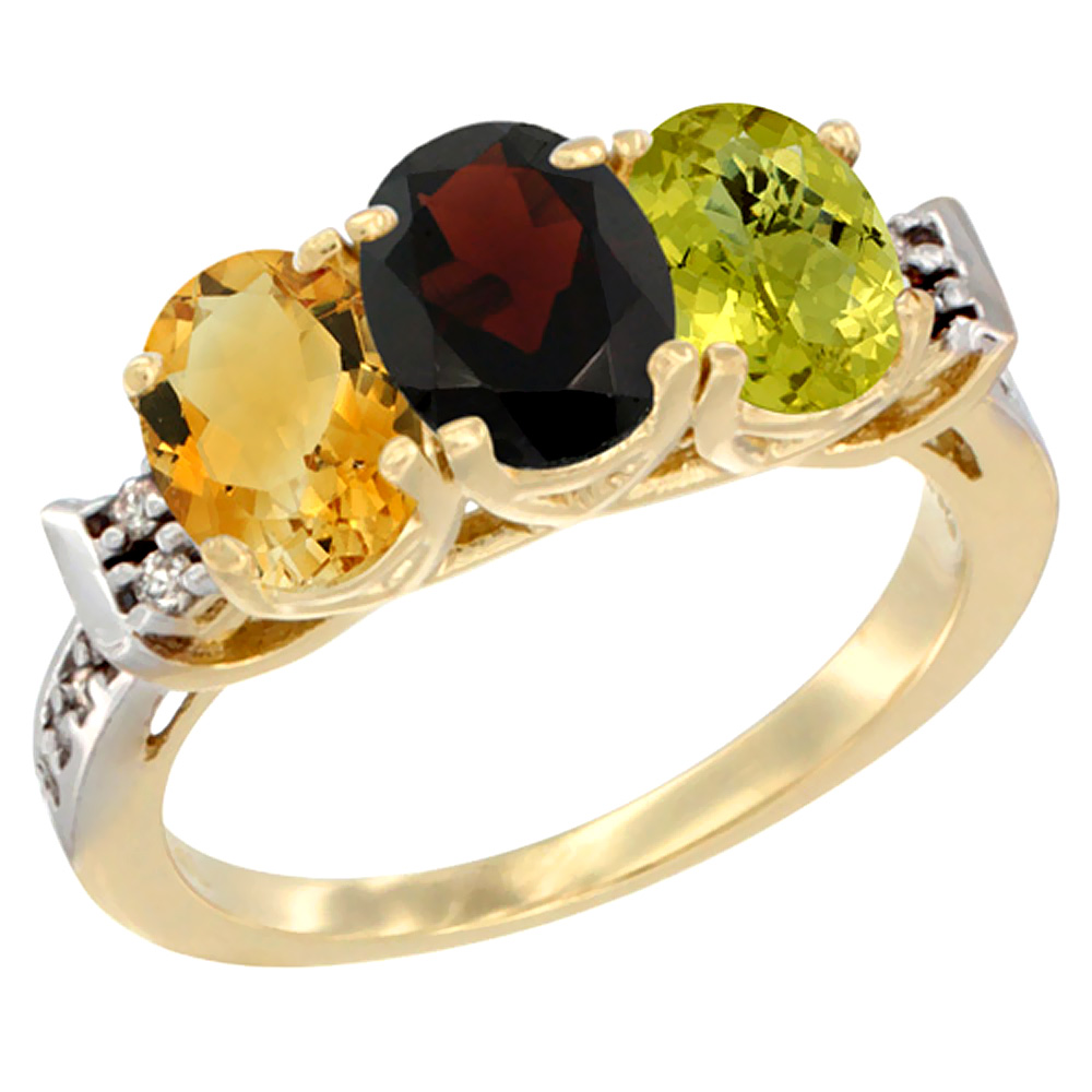 14K Yellow Gold Natural Citrine, Garnet & Lemon Quartz Ring 3-Stone 7x5 mm Oval Diamond Accent, sizes 5 - 10