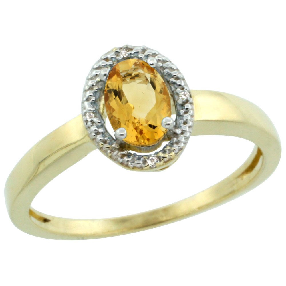 14K Yellow Gold Diamond Halo Natural Citrine Engagement Ring Oval 6X4 mm, sizes 5-10