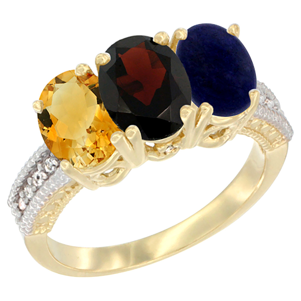 10K Yellow Gold Diamond Natural Citrine, Garnet & Lapis Ring 3-Stone 7x5 mm Oval, sizes 5 - 10