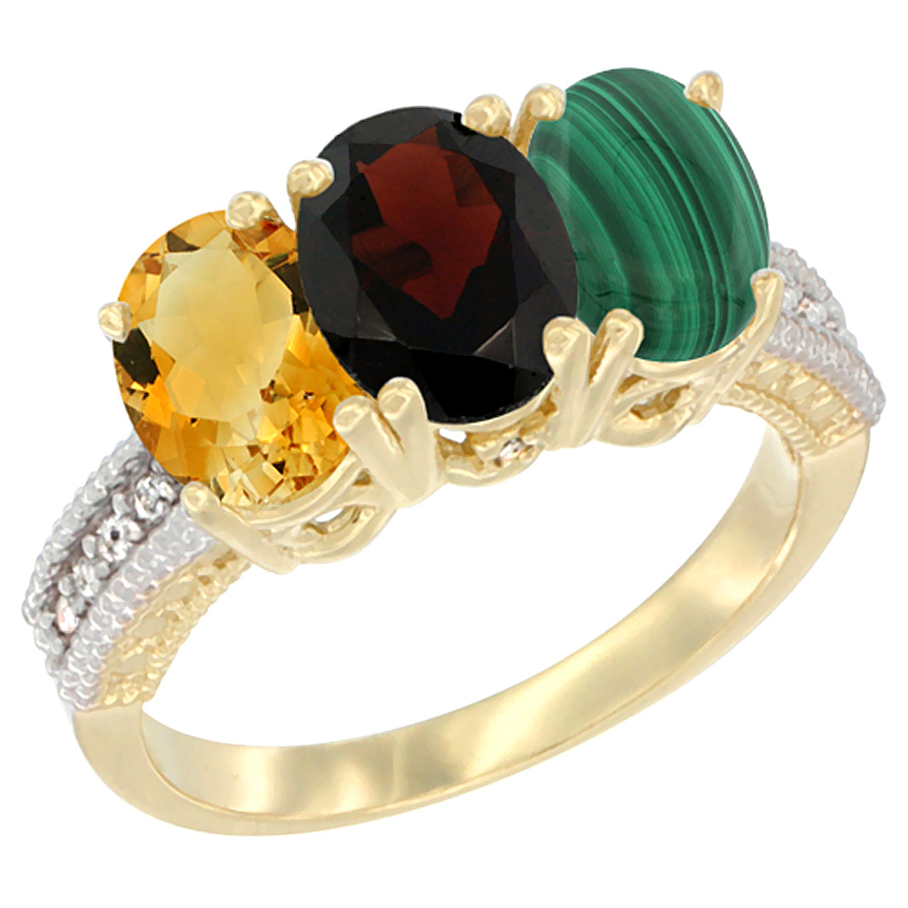 14K Yellow Gold Natural Citrine, Garnet & Malachite Ring 3-Stone 7x5 mm Oval Diamond Accent, sizes 5 - 10