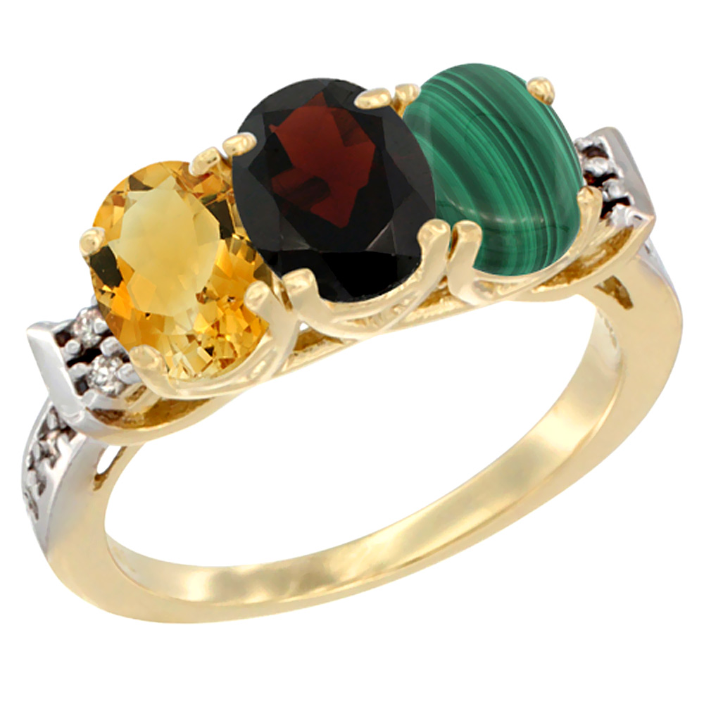 14K Yellow Gold Natural Citrine, Garnet & Malachite Ring 3-Stone 7x5 mm Oval Diamond Accent, sizes 5 - 10