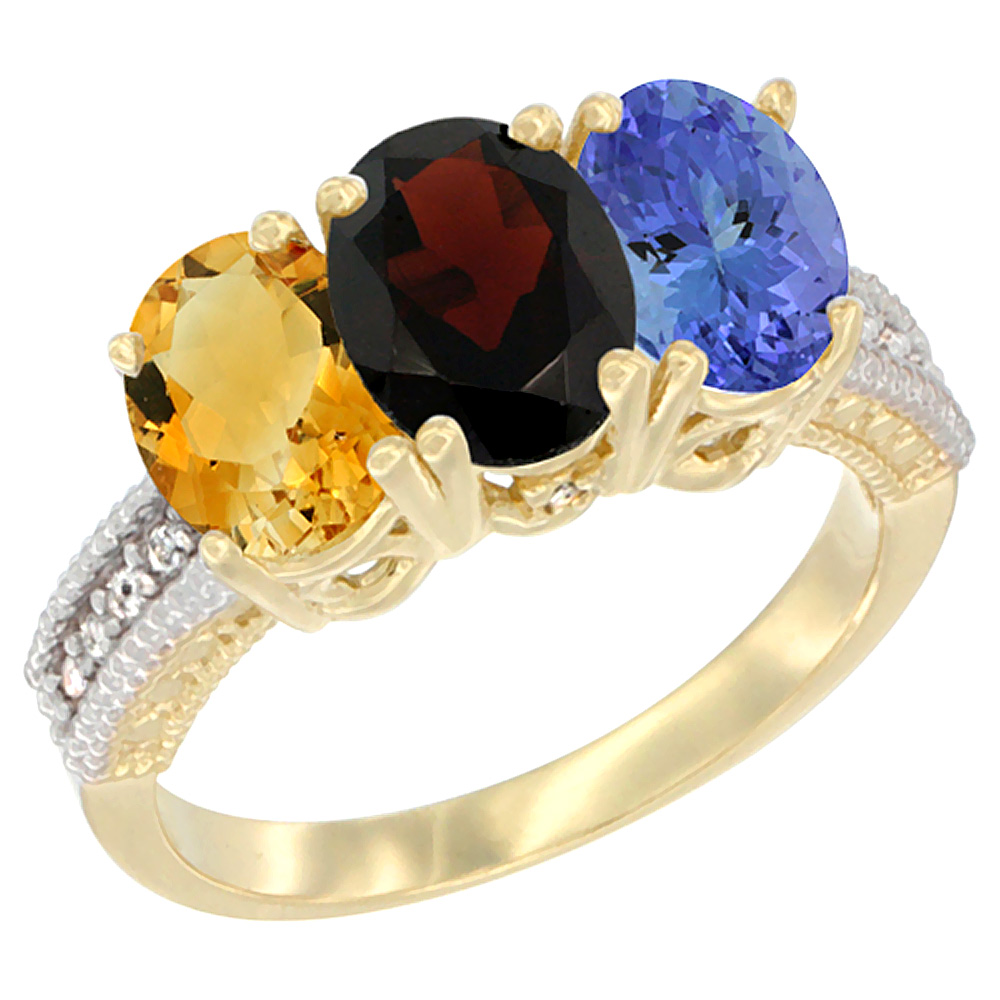 14K Yellow Gold Natural Citrine, Garnet & Tanzanite Ring 3-Stone 7x5 mm Oval Diamond Accent, sizes 5 - 10