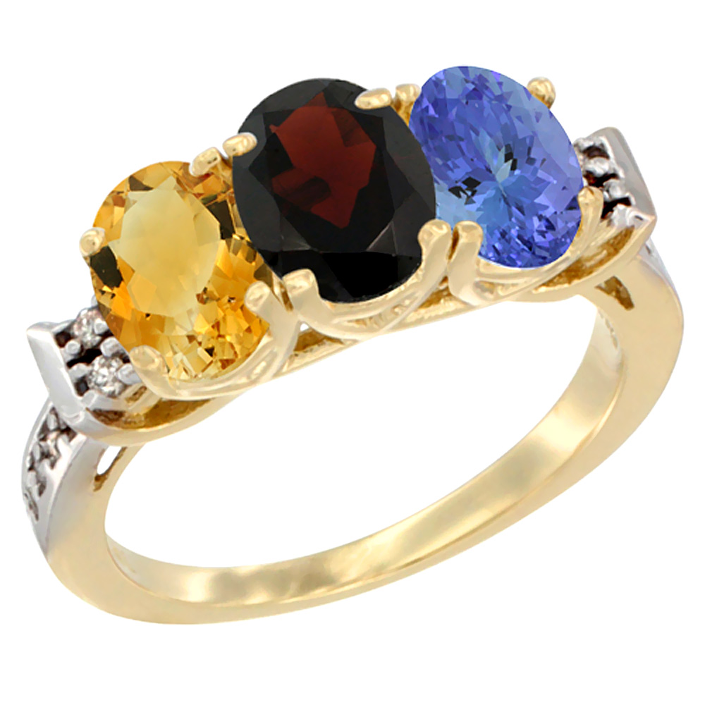 14K Yellow Gold Natural Citrine, Garnet & Tanzanite Ring 3-Stone 7x5 mm Oval Diamond Accent, sizes 5 - 10