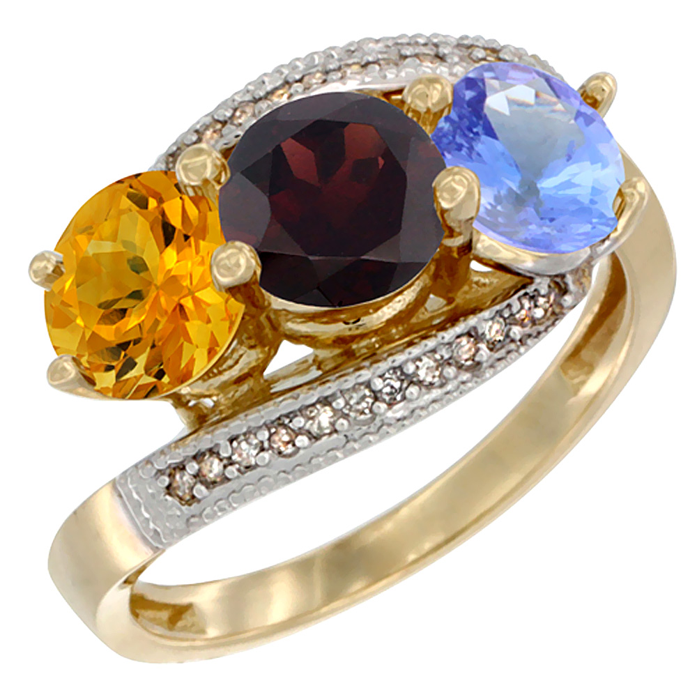 14K Yellow Gold Natural Citrine, Garnet & Tanzanite 3 stone Ring Round 6mm Diamond Accent, sizes 5 - 10