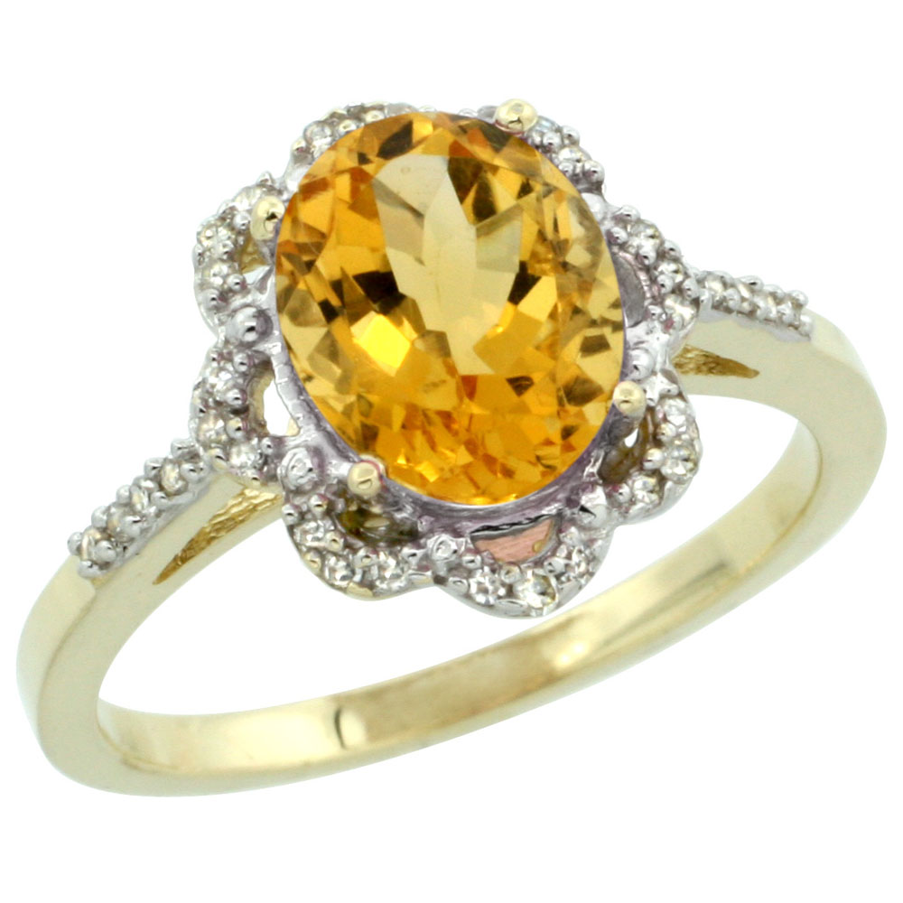 10K Yellow Gold Diamond Halo Natural Citrine Engagement Ring Oval 9x7mm, sizes 5-10