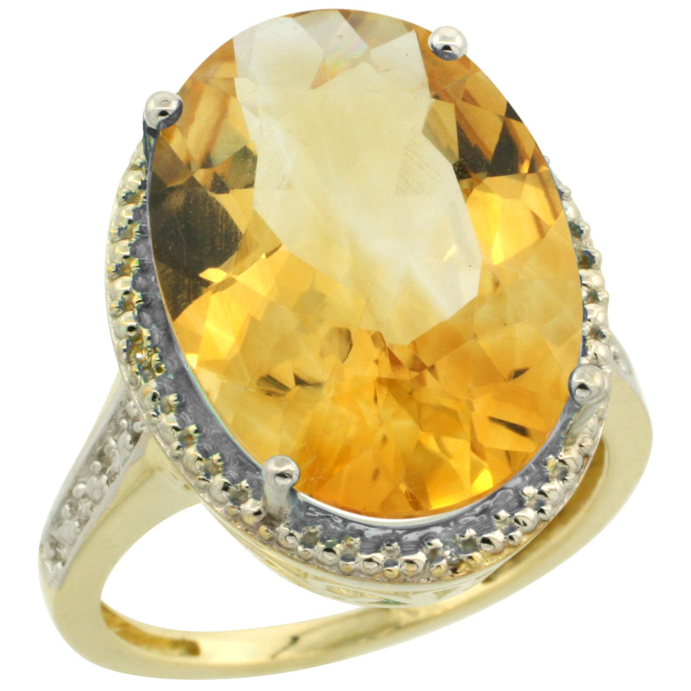 14K Yellow Gold Diamond Natural Citrine Ring Oval 18x13mm, sizes 5-10