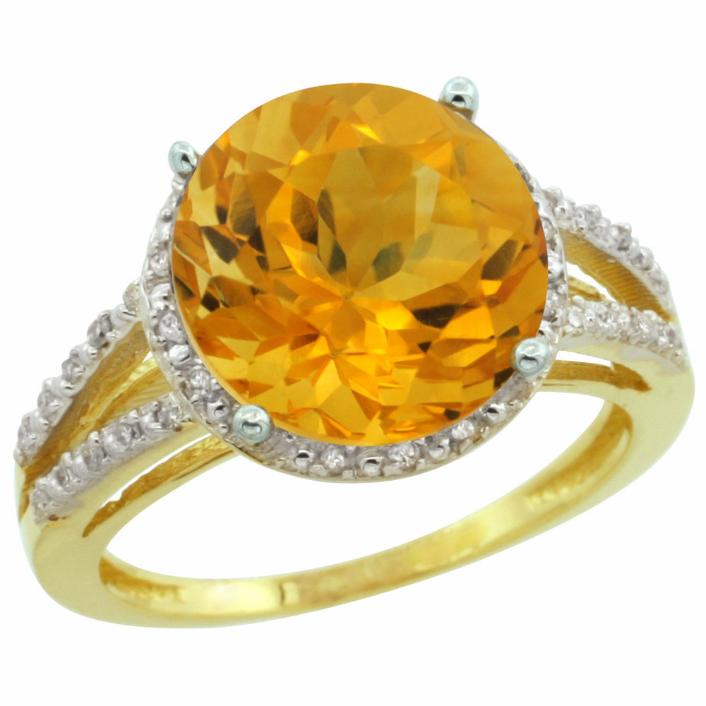 10K Yellow Gold Diamond Natural Citrine Ring Round 11mm, sizes 5-10