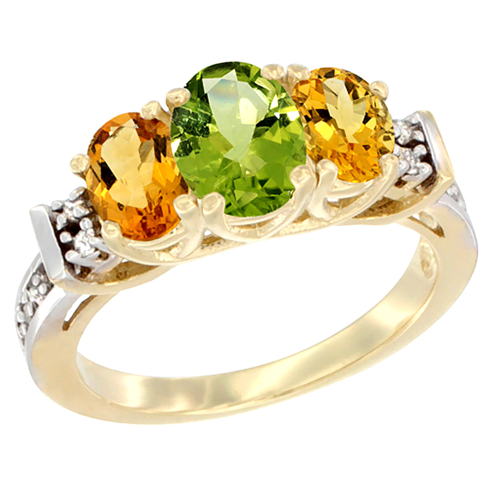 14K Yellow Gold Natural Peridot & Citrine Ring 3-Stone Oval Diamond Accent