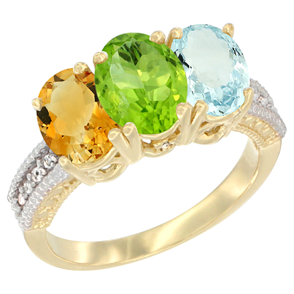 14K Yellow Gold Natural Citrine, Peridot & Aquamarine Ring 3-Stone 7x5 mm Oval Diamond Accent, sizes 5 - 10