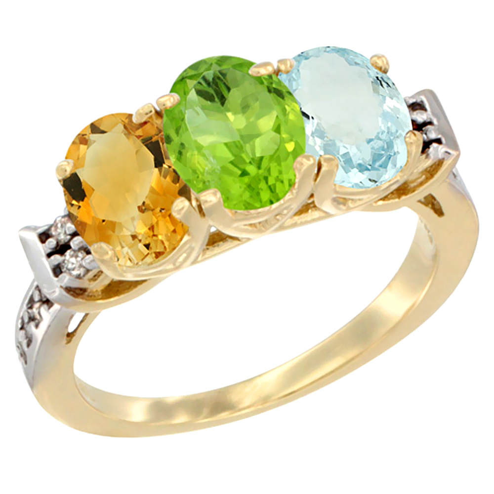 10K Yellow Gold Natural Citrine, Peridot & Aquamarine Ring 3-Stone Oval 7x5 mm Diamond Accent, sizes 5 - 10