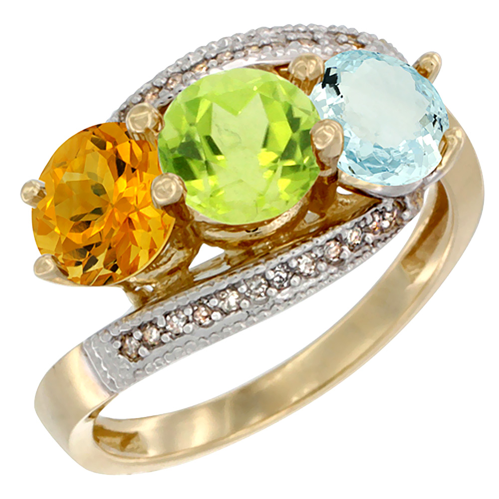 10K Yellow Gold Natural Citrine, Peridot & Aquamarine 3 stone Ring Round 6mm Diamond Accent, sizes 5 - 10