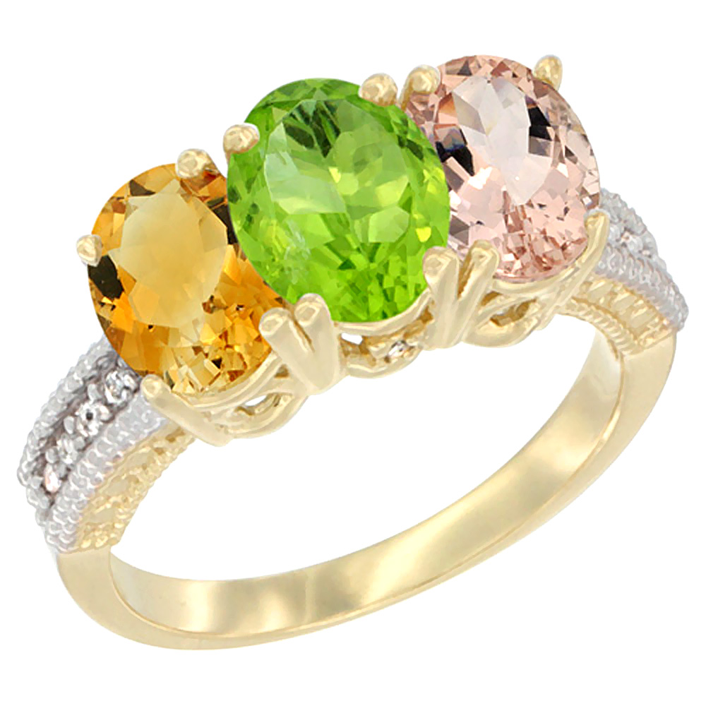 10K Yellow Gold Diamond Natural Citrine, Peridot & Morganite Ring 3-Stone 7x5 mm Oval, sizes 5 - 10