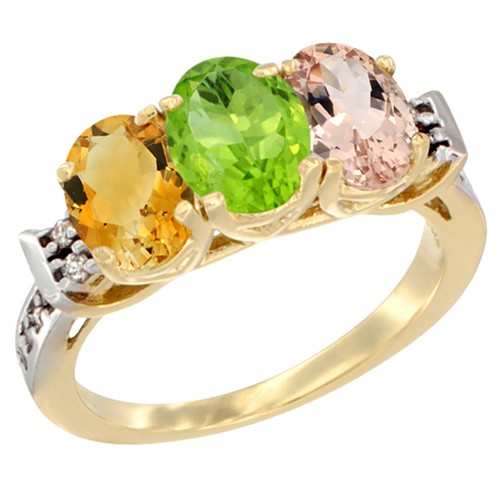 14K Yellow Gold Natural Citrine, Peridot & Morganite Ring 3-Stone 7x5 mm Oval Diamond Accent, sizes 5 - 10