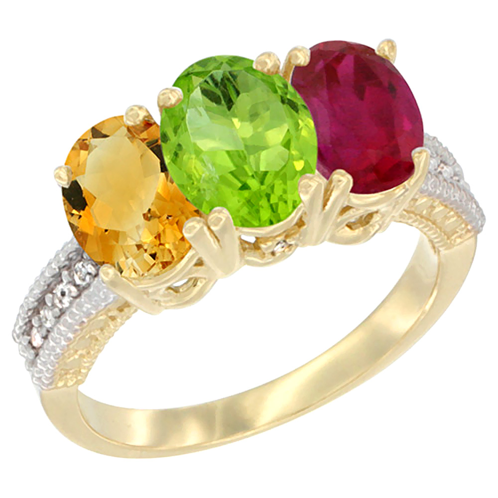 10K Yellow Gold Diamond Natural Citrine, Peridot & Enhanced Ruby Ring 3-Stone 7x5 mm Oval, sizes 5 - 10