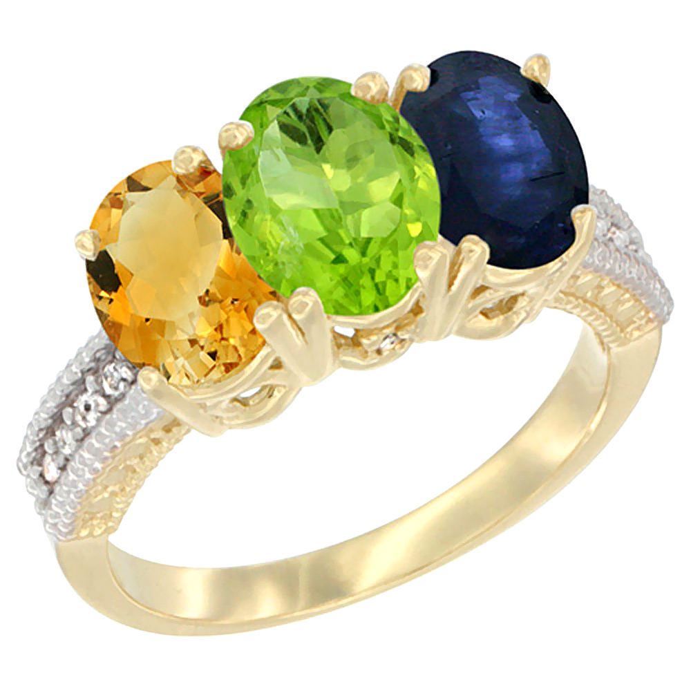 10K Yellow Gold Diamond Natural Citrine, Peridot & Blue Sapphire Ring 3-Stone 7x5 mm Oval, sizes 5 - 10