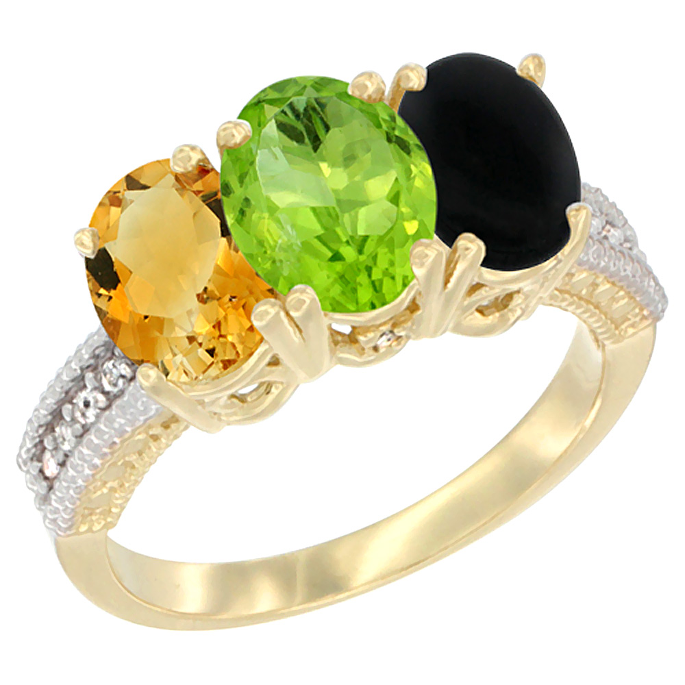 10K Yellow Gold Diamond Natural Citrine, Peridot & Black Onyx Ring 3-Stone 7x5 mm Oval, sizes 5 - 10