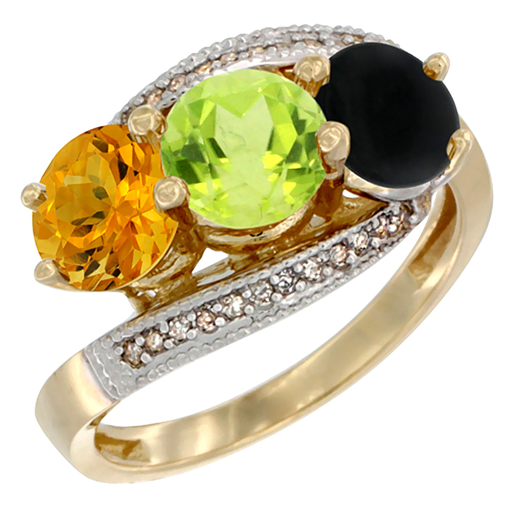 14K Yellow Gold Natural Citrine, Peridot & Black Onyx 3 stone Ring Round 6mm Diamond Accent, sizes 5 - 10