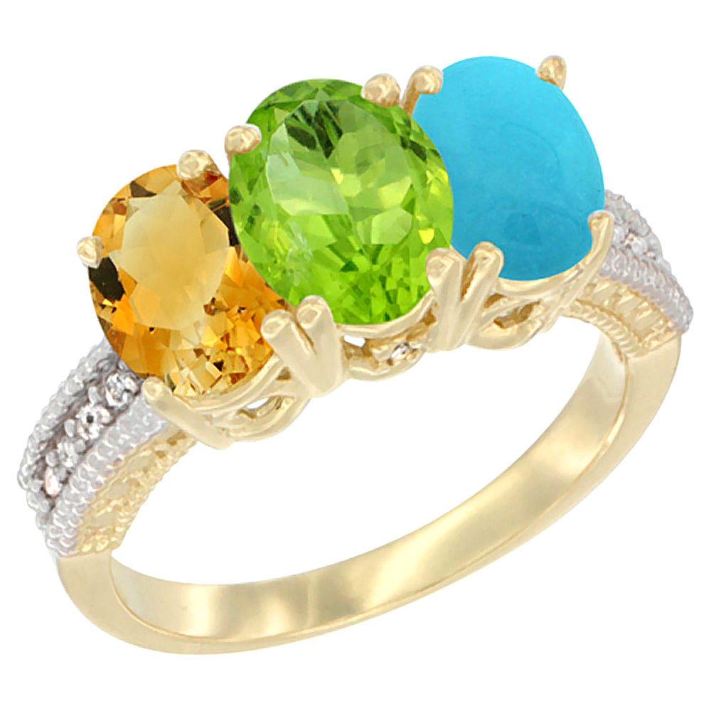 10K Yellow Gold Diamond Natural Citrine, Peridot & Turquoise Ring 3-Stone 7x5 mm Oval, sizes 5 - 10