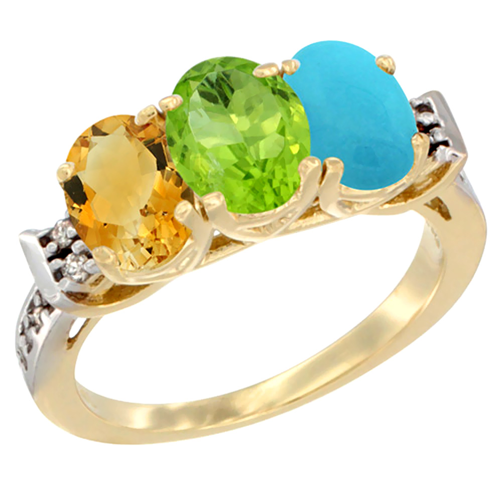 14K Yellow Gold Natural Citrine, Peridot & Turquoise Ring 3-Stone 7x5 mm Oval Diamond Accent, sizes 5 - 10