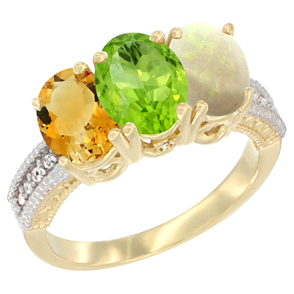 10K Yellow Gold Diamond Natural Citrine, Peridot & Opal Ring 3-Stone 7x5 mm Oval, sizes 5 - 10