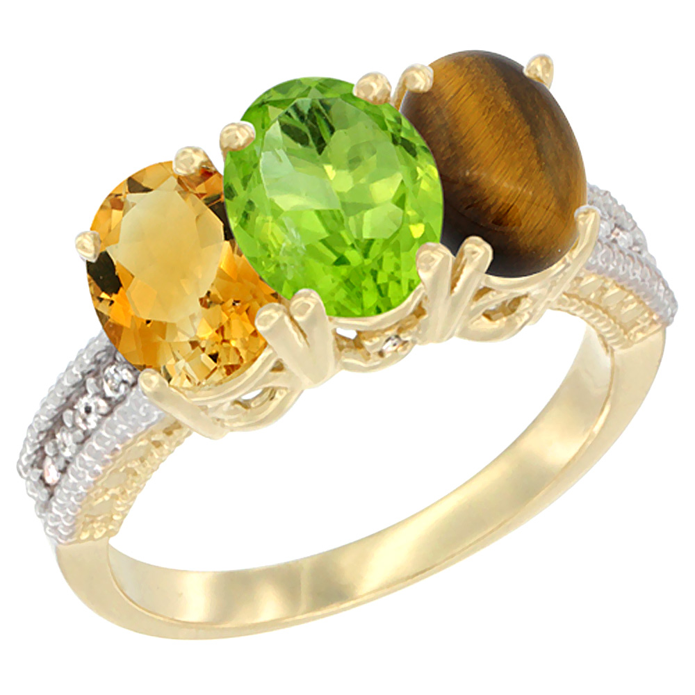 10K Yellow Gold Diamond Natural Citrine, Peridot & Tiger Eye Ring 3-Stone 7x5 mm Oval, sizes 5 - 10