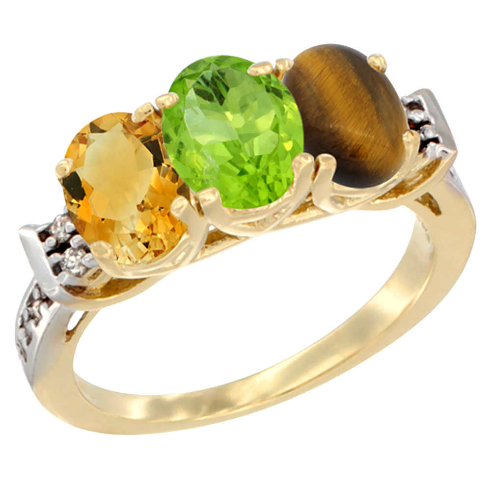 14K Yellow Gold Natural Citrine, Peridot &amp; Tiger Eye Ring 3-Stone 7x5 mm Oval Diamond Accent, sizes 5 - 10