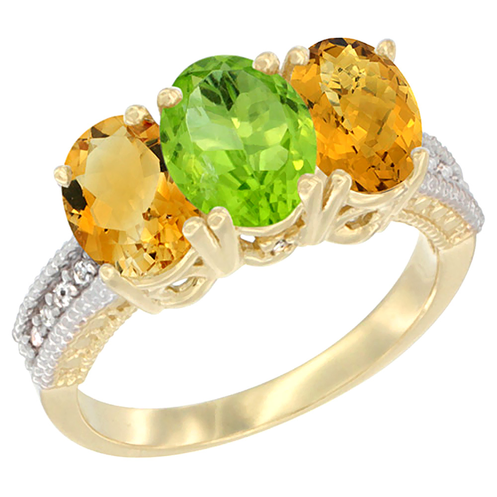 10K Yellow Gold Diamond Natural Citrine, Peridot & Whisky Quartz Ring 3-Stone 7x5 mm Oval, sizes 5 - 10