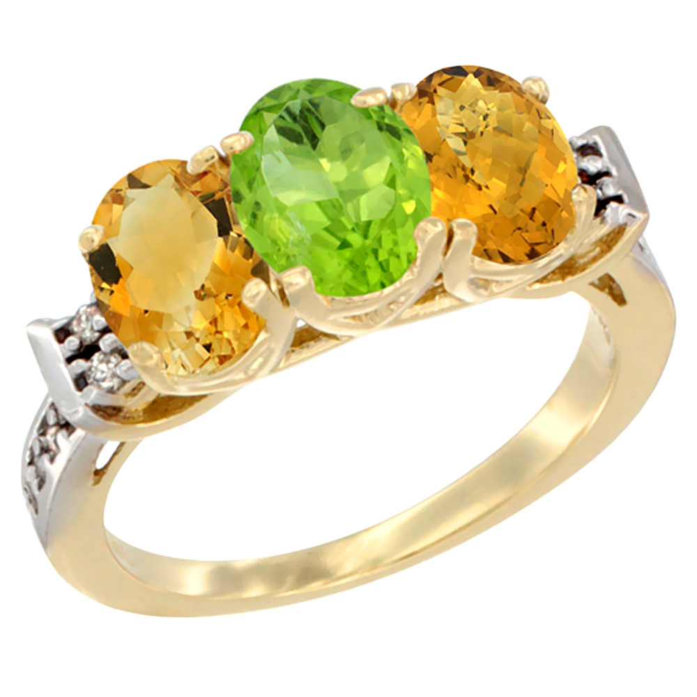 14K Yellow Gold Natural Citrine, Peridot & Whisky Quartz Ring 3-Stone 7x5 mm Oval Diamond Accent, sizes 5 - 10