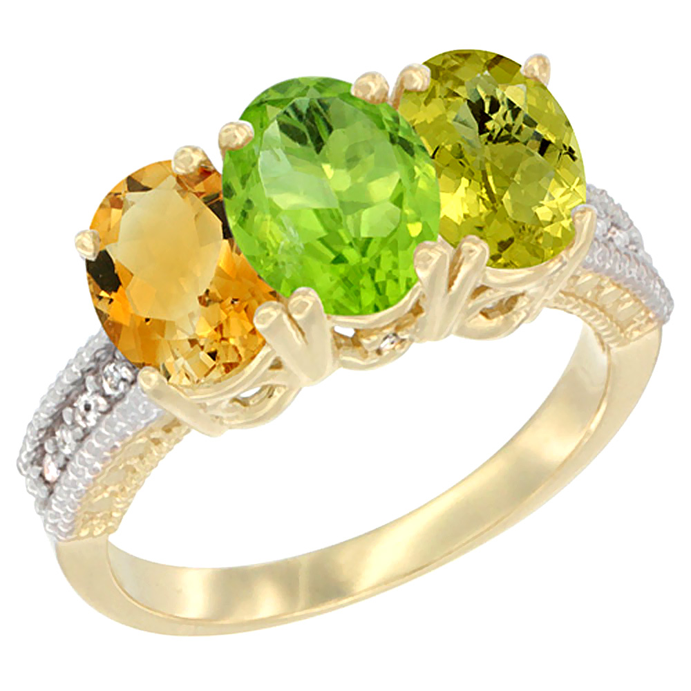 14K Yellow Gold Natural Citrine, Peridot & Lemon Quartz Ring 3-Stone 7x5 mm Oval Diamond Accent, sizes 5 - 10