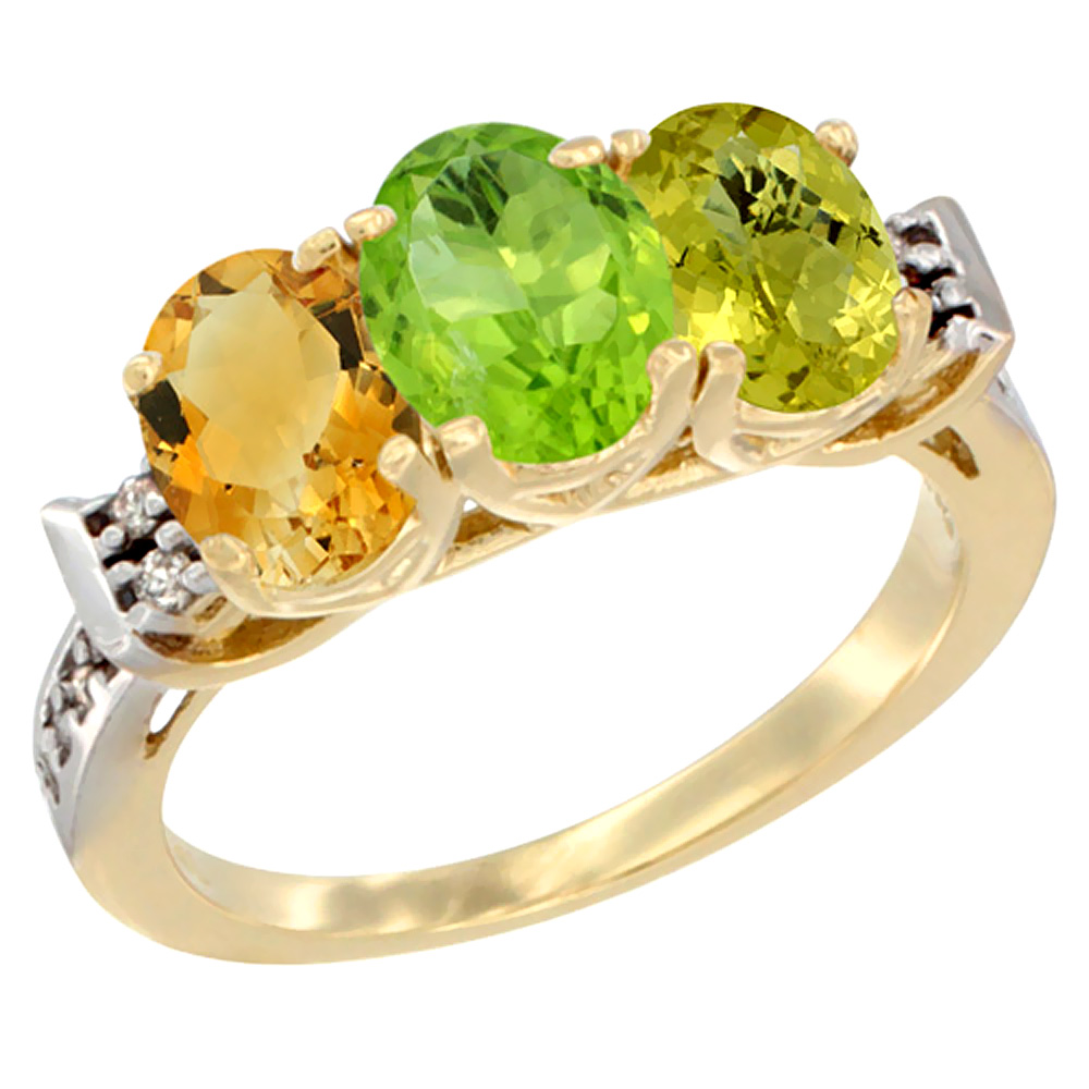 10K Yellow Gold Natural Citrine, Peridot & Lemon Quartz Ring 3-Stone Oval 7x5 mm Diamond Accent, sizes 5 - 10