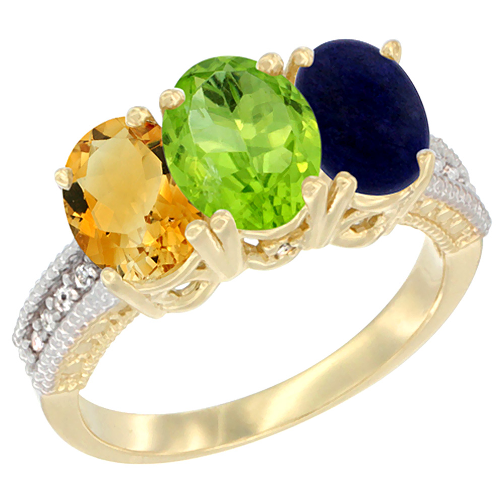 10K Yellow Gold Diamond Natural Citrine, Peridot & Lapis Ring 3-Stone 7x5 mm Oval, sizes 5 - 10