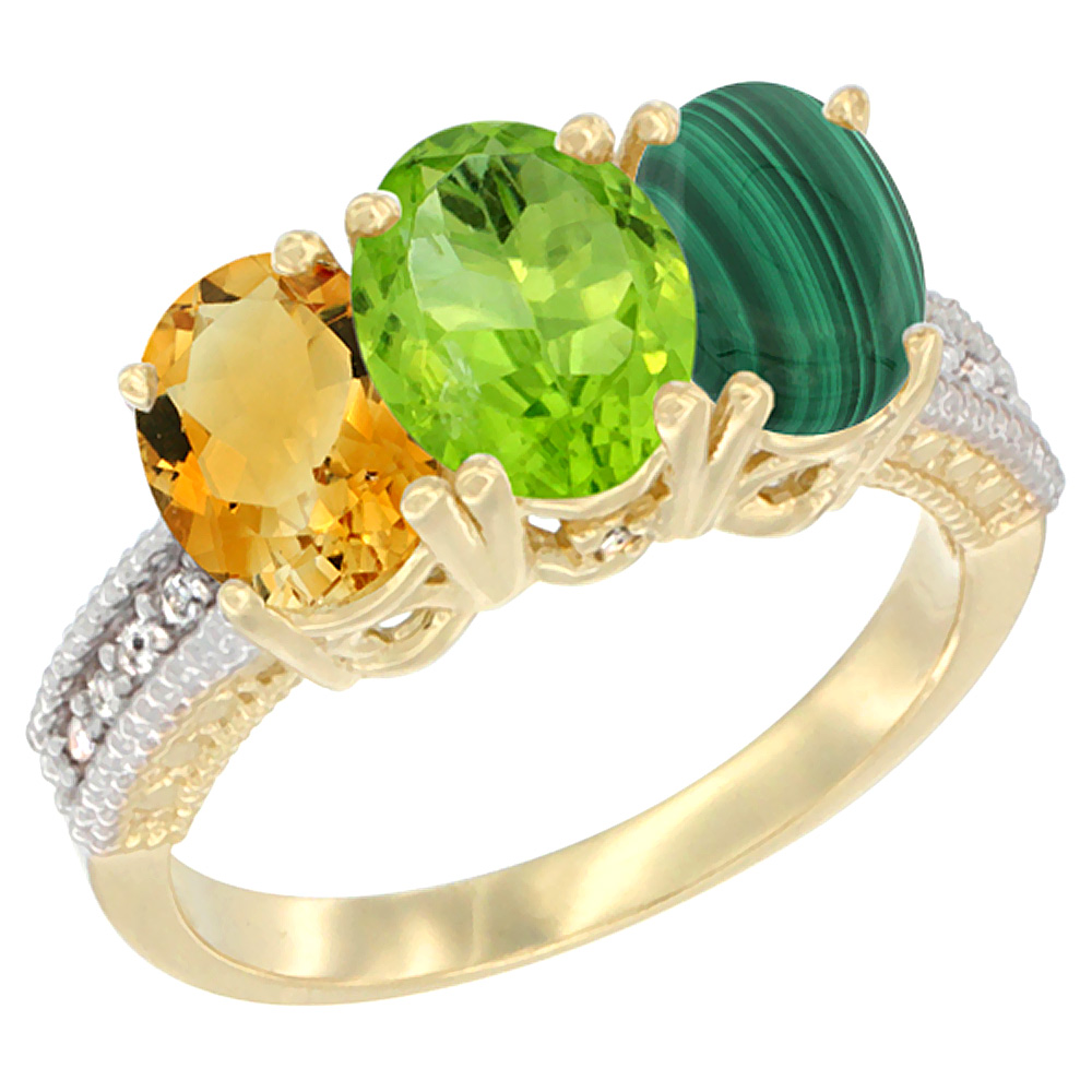 10K Yellow Gold Diamond Natural Citrine, Peridot & Malachite Ring 3-Stone 7x5 mm Oval, sizes 5 - 10