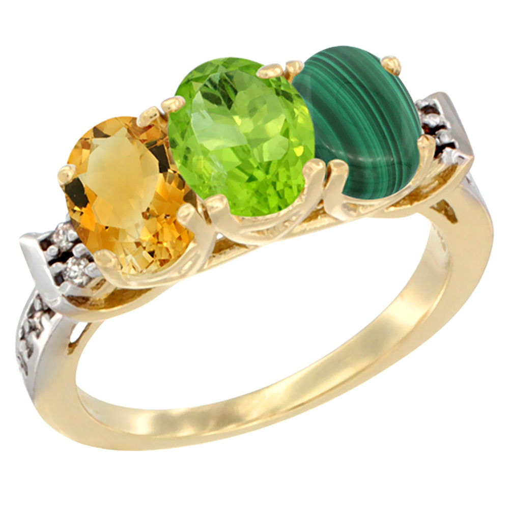 14K Yellow Gold Natural Citrine, Peridot & Malachite Ring 3-Stone 7x5 mm Oval Diamond Accent, sizes 5 - 10