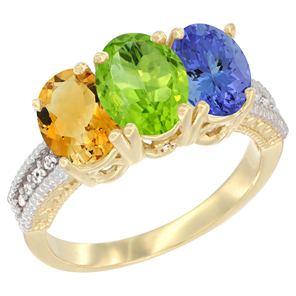 10K Yellow Gold Diamond Natural Citrine, Peridot &amp; Tanzanite Ring 3-Stone 7x5 mm Oval, sizes 5 - 10