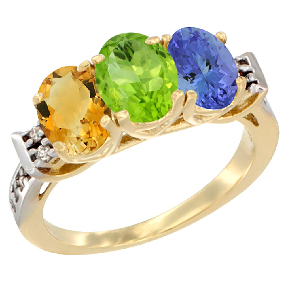 14K Yellow Gold Natural Citrine, Peridot & Tanzanite Ring 3-Stone 7x5 mm Oval Diamond Accent, sizes 5 - 10