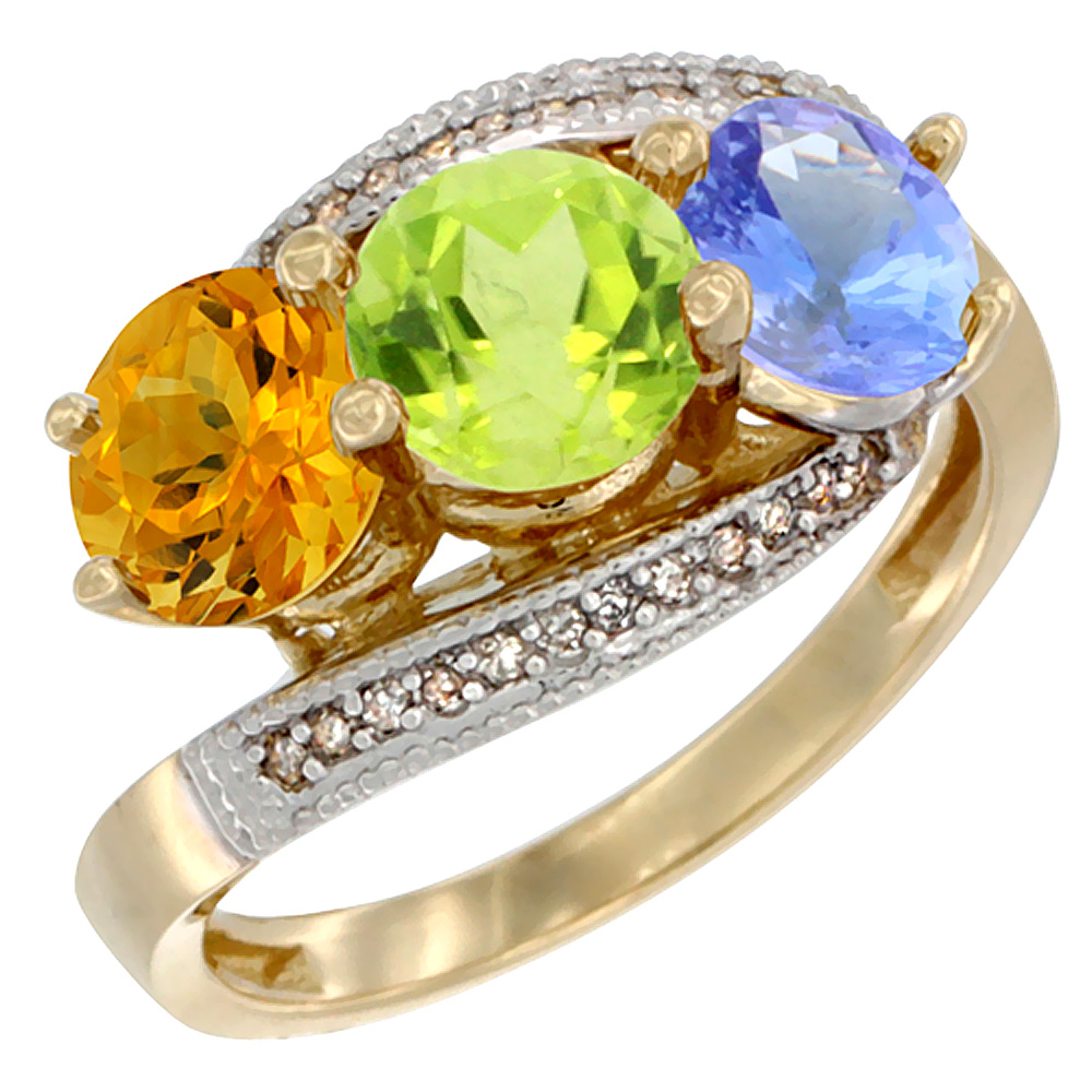 14K Yellow Gold Natural Citrine, Peridot &amp; Tanzanite 3 stone Ring Round 6mm Diamond Accent, sizes 5 - 10