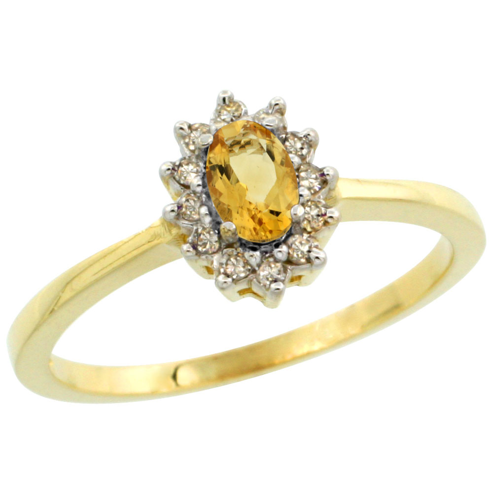 10k Yellow Gold Natural Citrine Ring Oval 5x3mm Diamond Halo, sizes 5-10