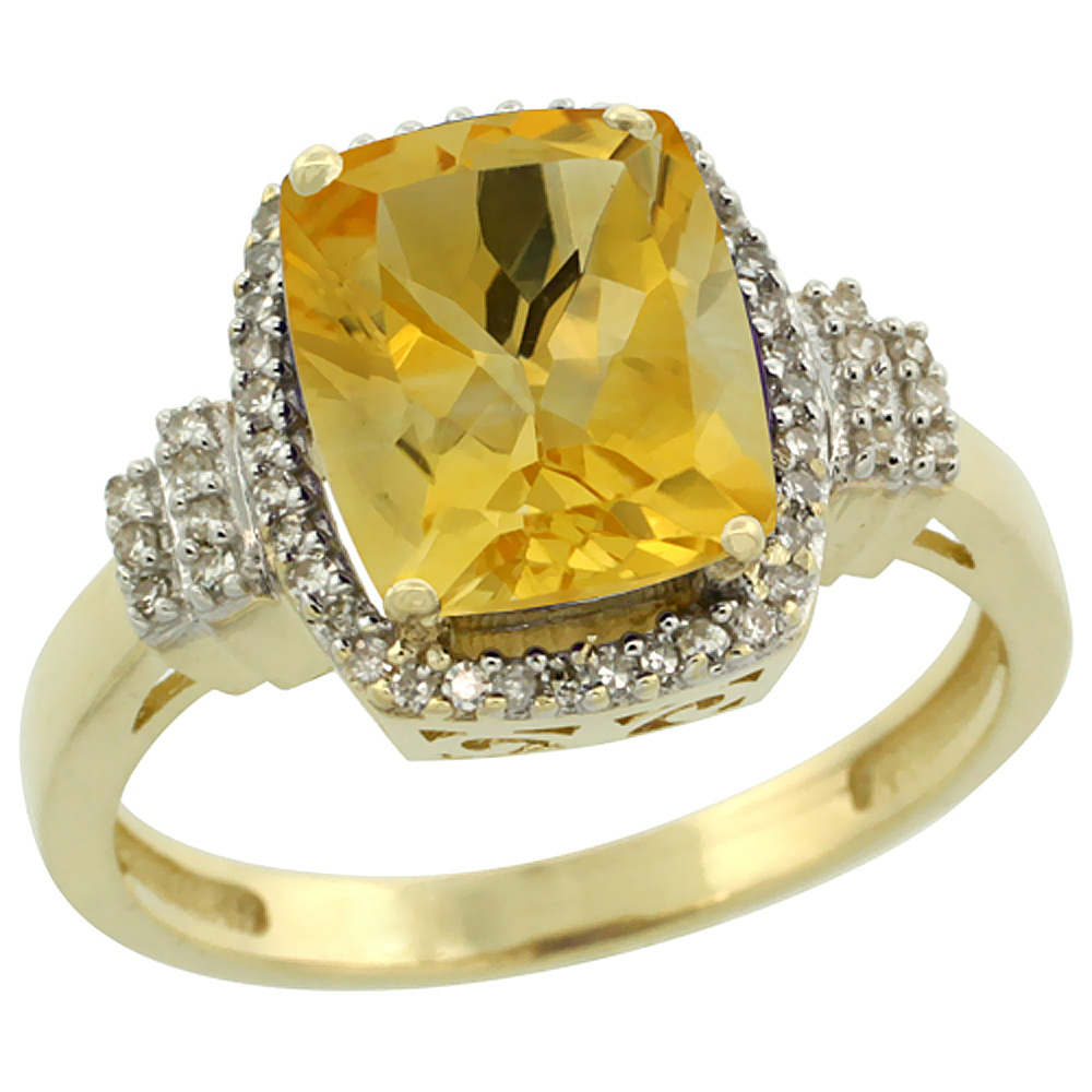 14K Yellow Gold Natural Citrine Ring Cushion-cut 9x7mm Diamond Halo, sizes 5-10