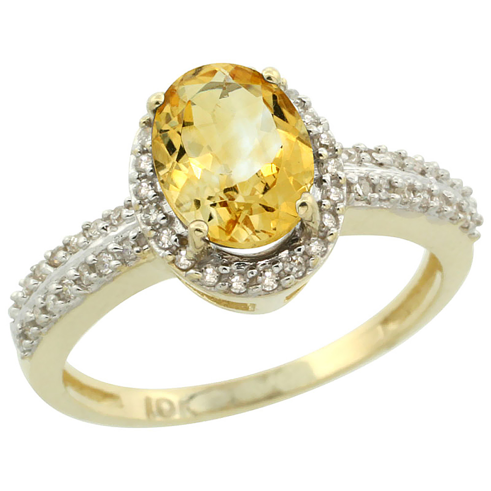 10k Yellow Gold Natural Citrine Ring Oval 8x6mm Diamond Halo, sizes 5-10