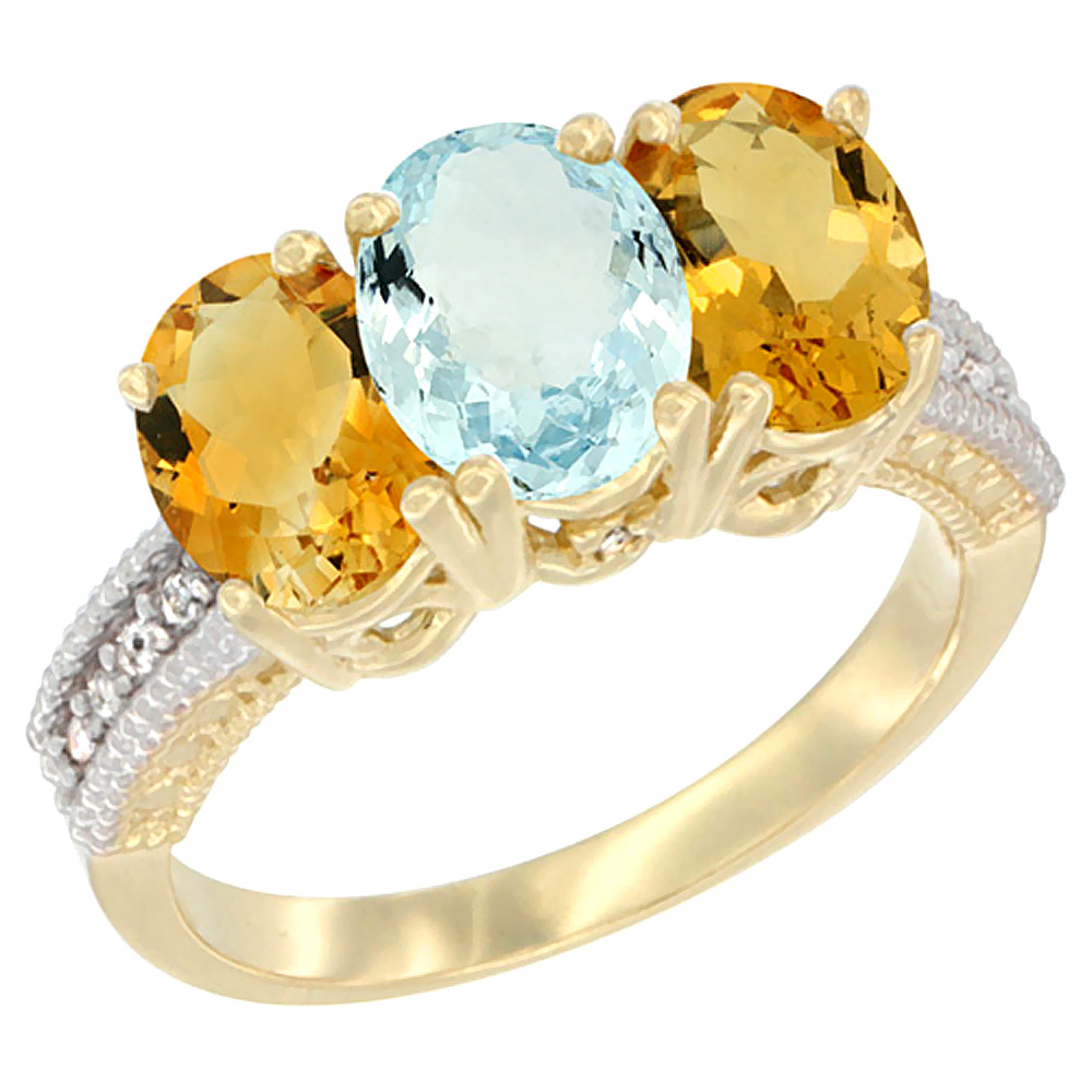 14K Yellow Gold Natural Aquamarine &amp; Citrine Sides Ring 3-Stone 7x5 mm Oval Diamond Accent, sizes 5 - 10