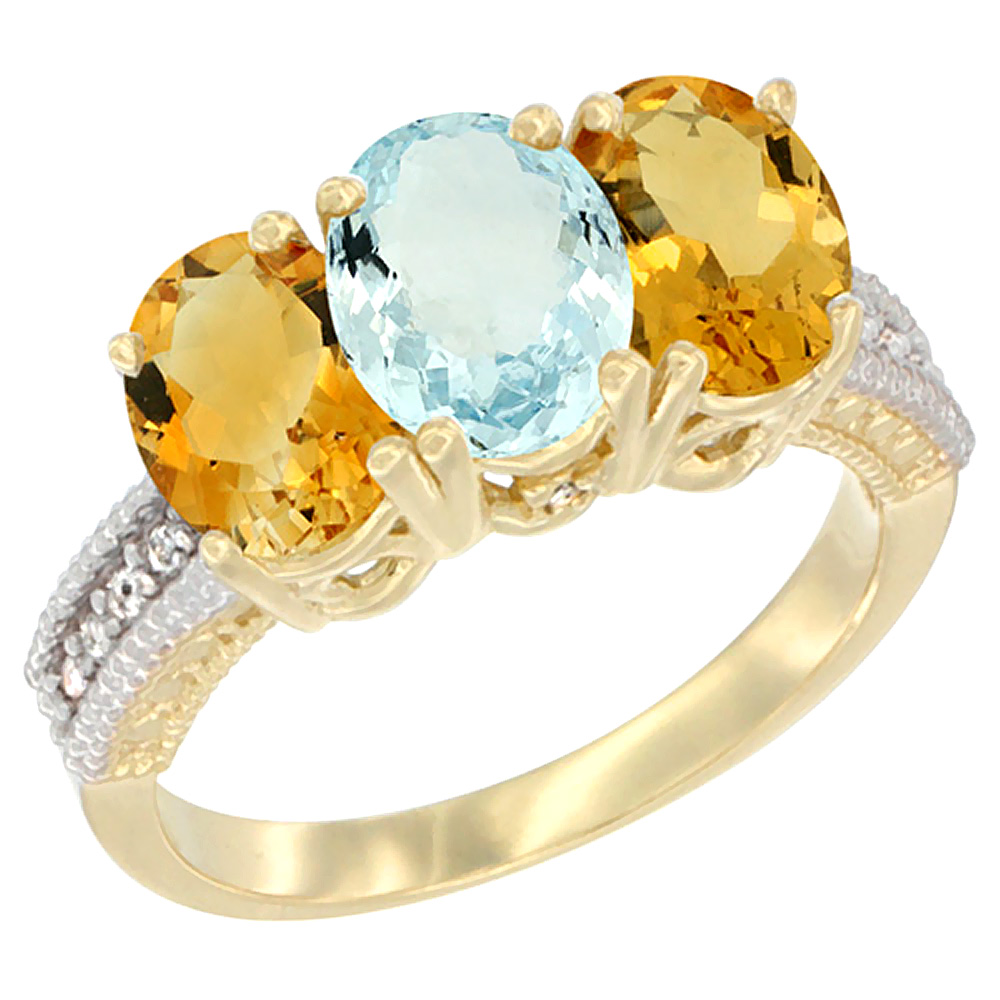 14K Yellow Gold Natural Aquamarine & Citrine Sides Ring 3-Stone 7x5 mm Oval Diamond Accent, sizes 5 - 10