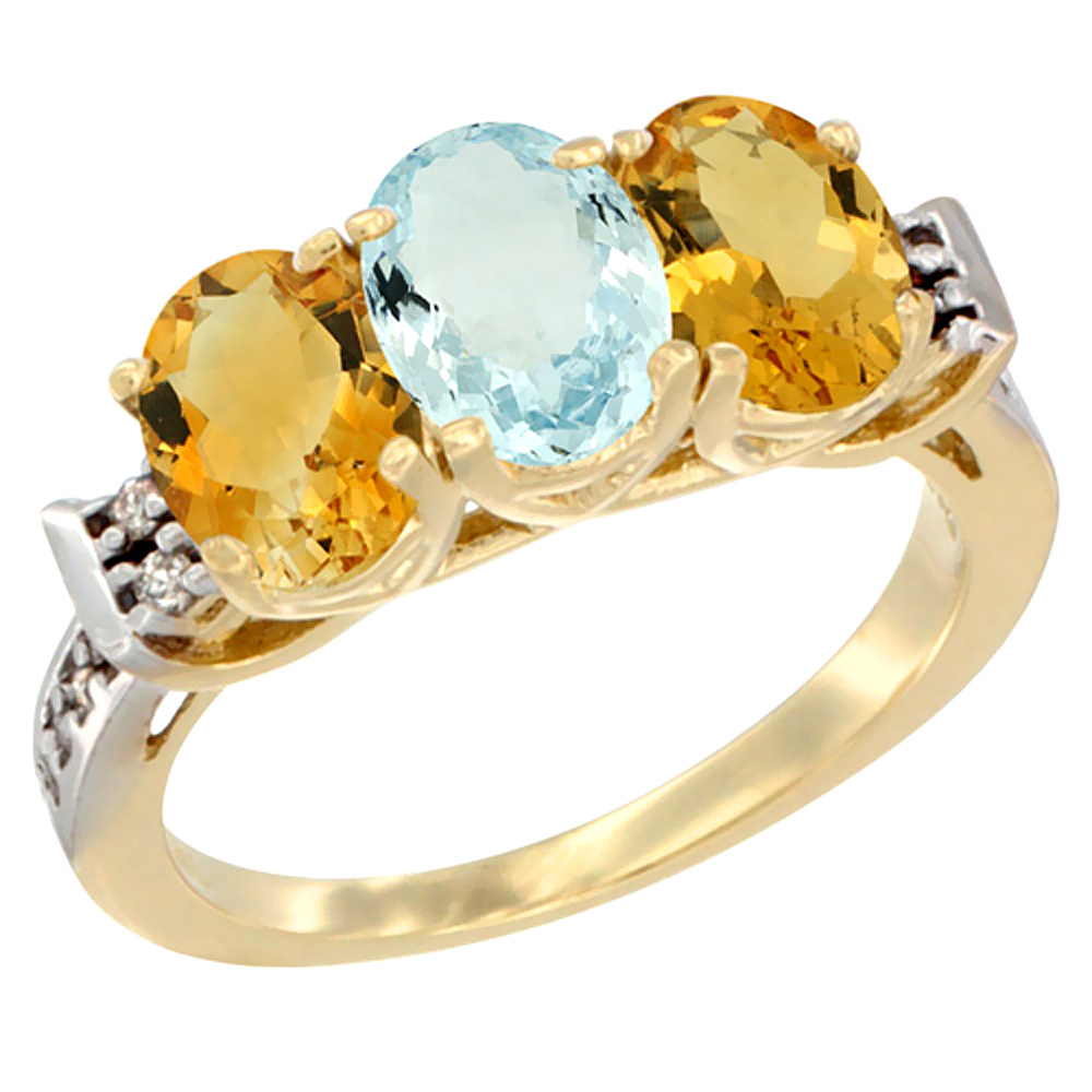 14K Yellow Gold Natural Aquamarine &amp; Citrine Sides Ring 3-Stone 7x5 mm Oval Diamond Accent, sizes 5 - 10