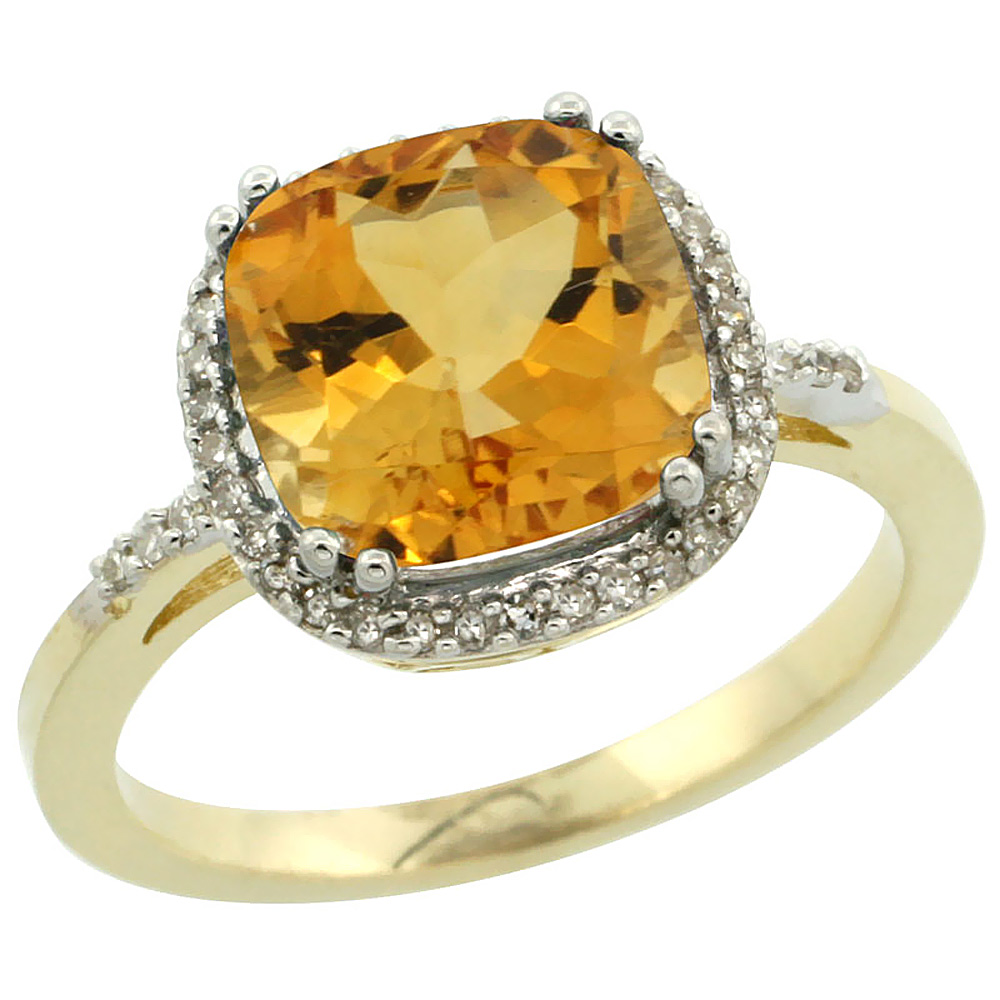 14K Yellow Gold Diamond Natural Citrine Ring Cushion-cut 9x9mm, sizes 5-10